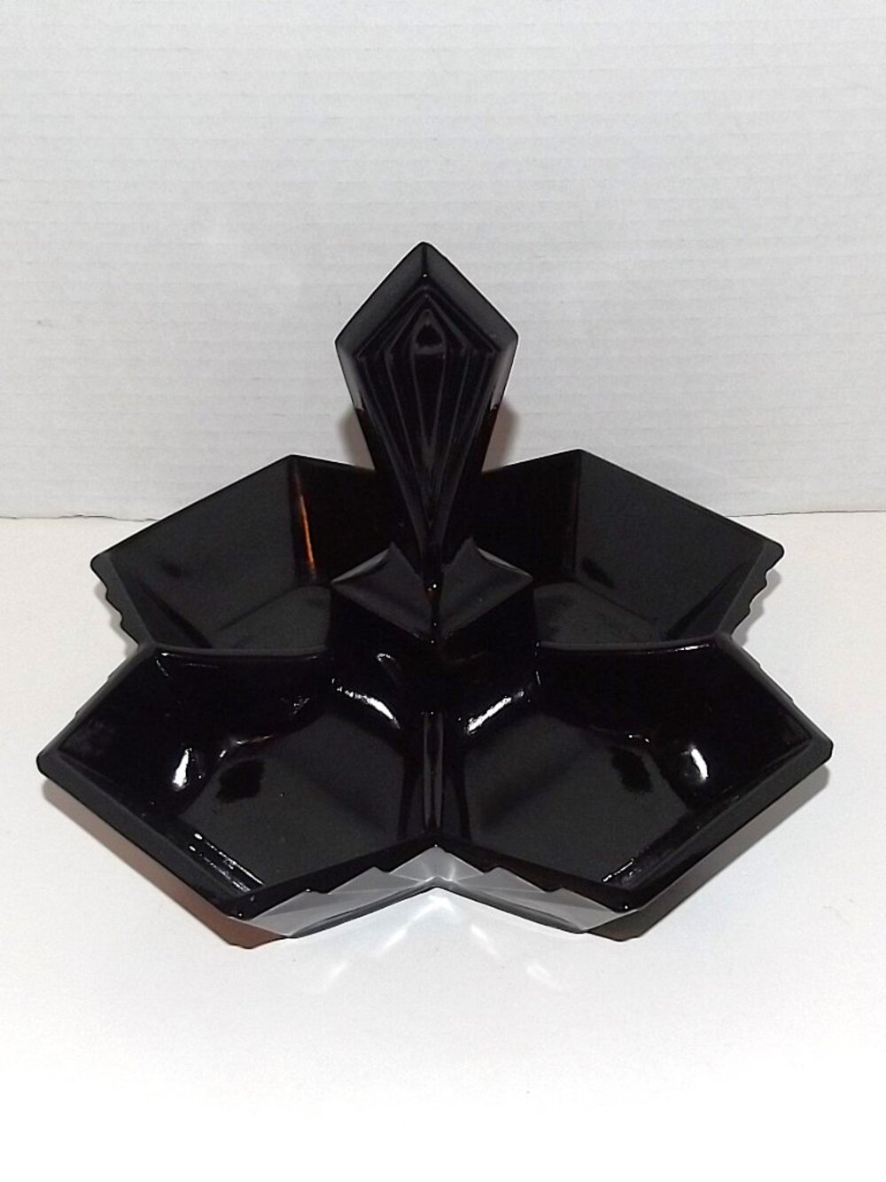 1970s Indiana Tiara Glass Black Amethyst Pyramid Handle 4 Part Relish Candy Dish